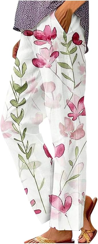 Summer Pants for Women 2025 Vacation Casual Boho Floral Print Cotton Linen Pants Fashion Wide Leg Stripe Lounge Pant