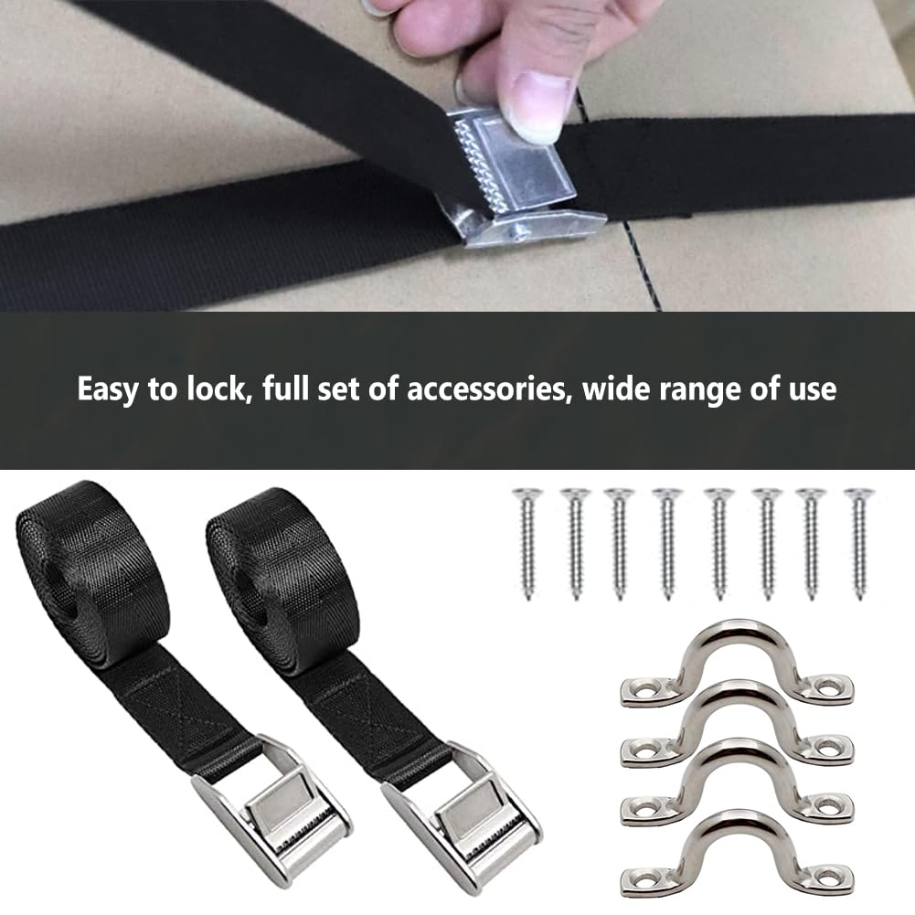 Kit di 2 cinghie di fissaggio per il raffreddamento, cinghie di fissaggio in acciaio inox resistenti, con staffe in acciaio inox, anello per serbatoio del carburante e refrigeratori RTIC (nero