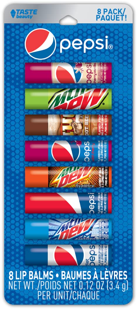 Taste Beauty Pepsi 8 Pack Lip Balm (Pepsi Cherry Vanilla, Mountain Dew, Mug, Pepsi Wild Cherry, Classic Pepsi, Mountain Dew White and Live Wire, Diet Pepsi)