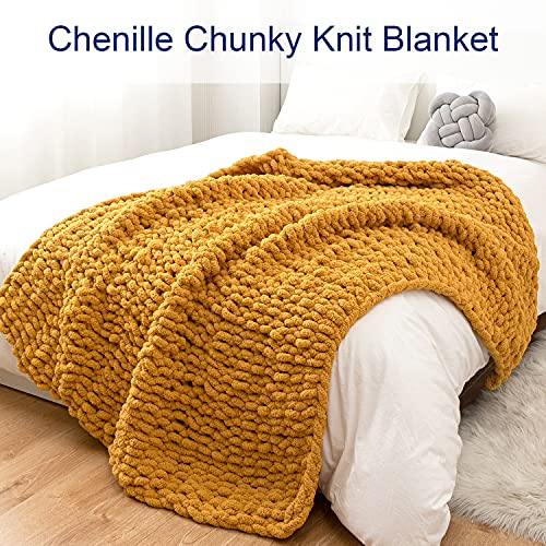 Chunky Knit Blanket Cozy Chenille Throws - 51"X63" -Warm Soft Handmade Knitted Throw Blankets For Couch,Bed,Sofa,Chair,Boho Home Decor (Mustard Yellow) #TOP1