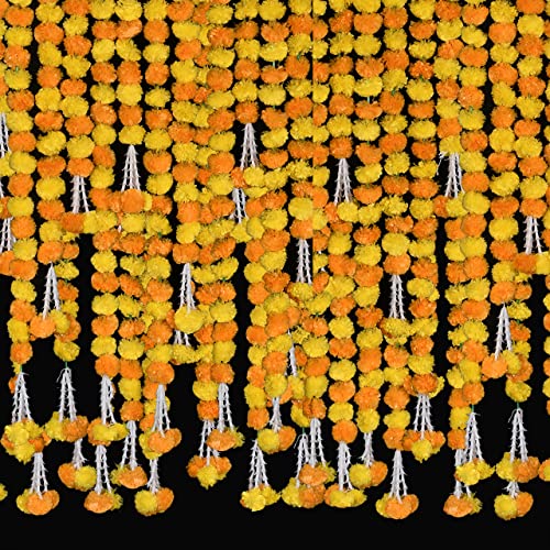 Krati Exports - 5 feet Marigold Garland |Indian/American Wedding Party Mantle Decoration, Faux Garlands Wedding Garland, Diwali Decoration, Spring Bush Floral! (Lemon Yellow & Mango Yellow Mix, 5)
