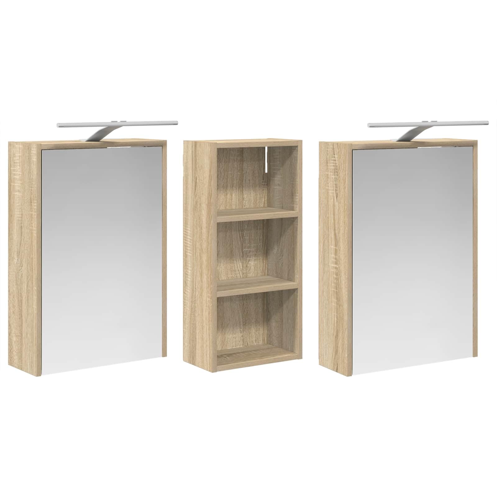 Zestaw szafek łazienkowych z materiału drewnopochodnego 3-częściowy 116 x 16 x 62,5 cm z oświetleniem LED, dwudrożne lustro, montaż na ścianie, miejsce do przechowywania, meble łazienkowe