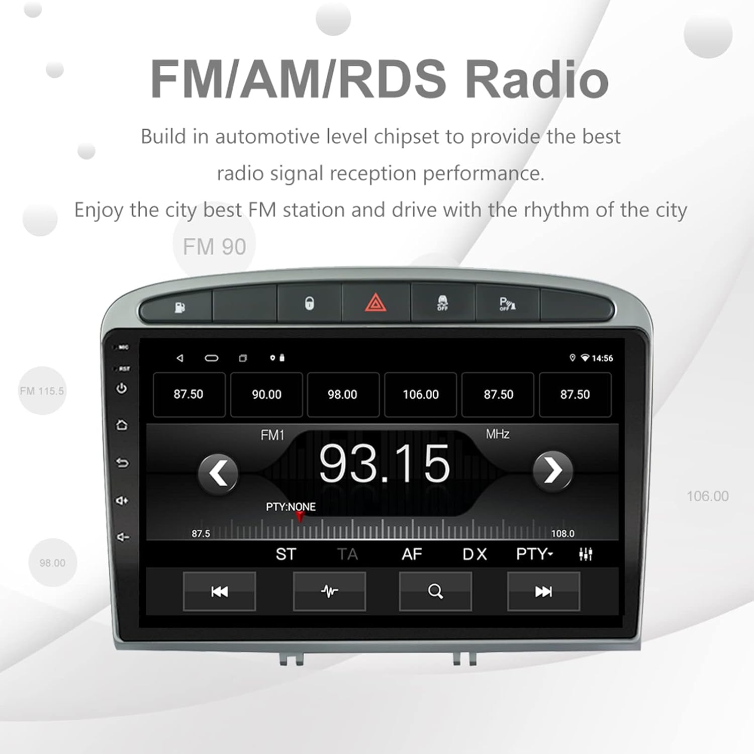 FM/AM/RDS Radio interface showing frequency tuning and presets