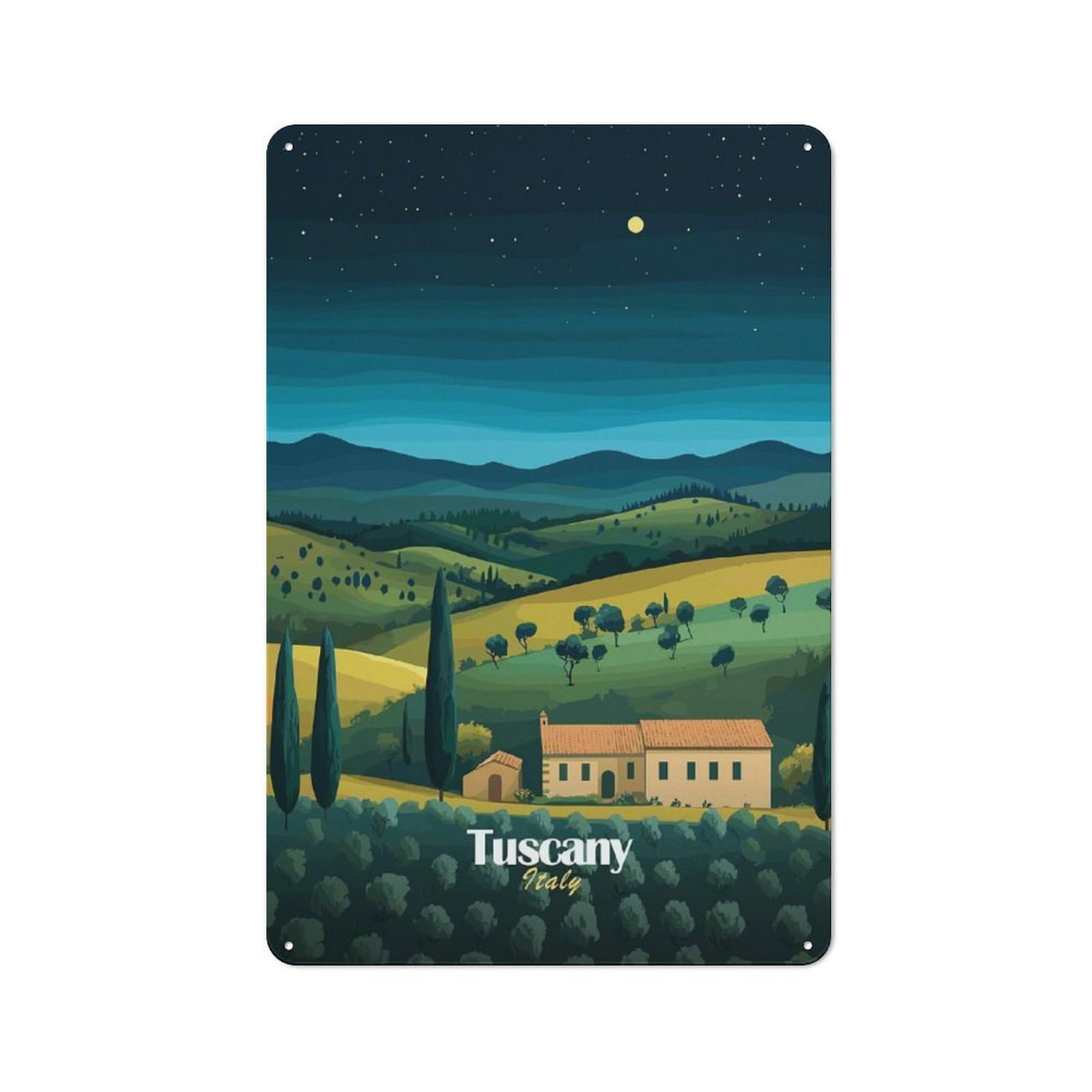 Junmoney Style-13 Rustic Metal Wall Sign 30X20cm Featuring Tuscan Night Landscape For Garage Wall, Tin Sign Wall Decor For Garages And Workshops