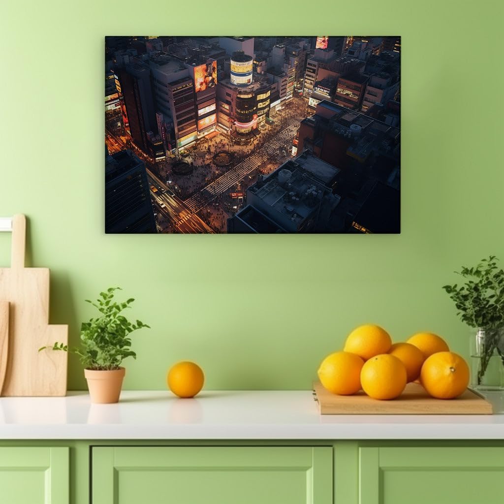 Canvas for Living room. Nighttime Pulse in the Heart of the City: A Lively Intersection Under the Red Glow, 27 x 18 inch Canvas Wall Art - Modern Home Decor