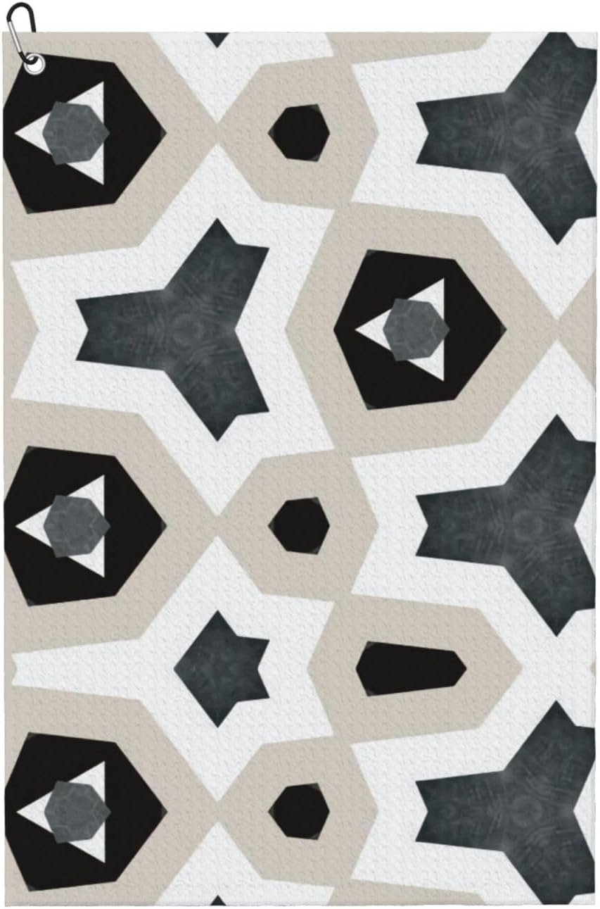 Colorful-Hexagon-Square-Geometric-Symmetric-Kaleidoscope-Fashion-Design Microfiber Golf Towel with Carabiner Clip, 16x24 Inch Absorbent Waffle Weave Towel for Golf Bags