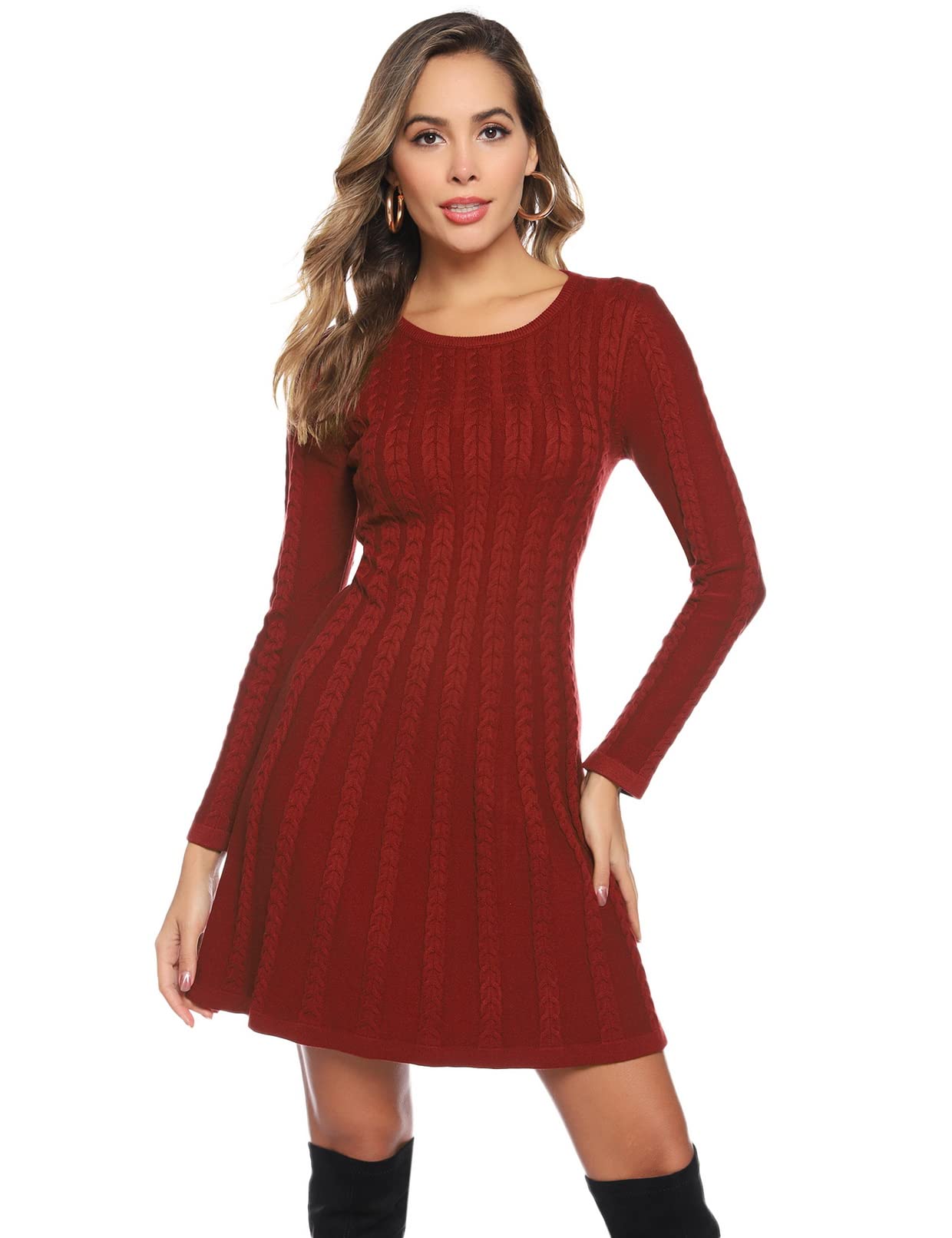 Gyabnw Vestito Casual Donna Invernale in Maglione Abito Vita Alta Elegante in Girocollo di Orlo Svasato Abito Linea A in Maglia al Ginocchio Caldo di Moda Treccia Ritorta