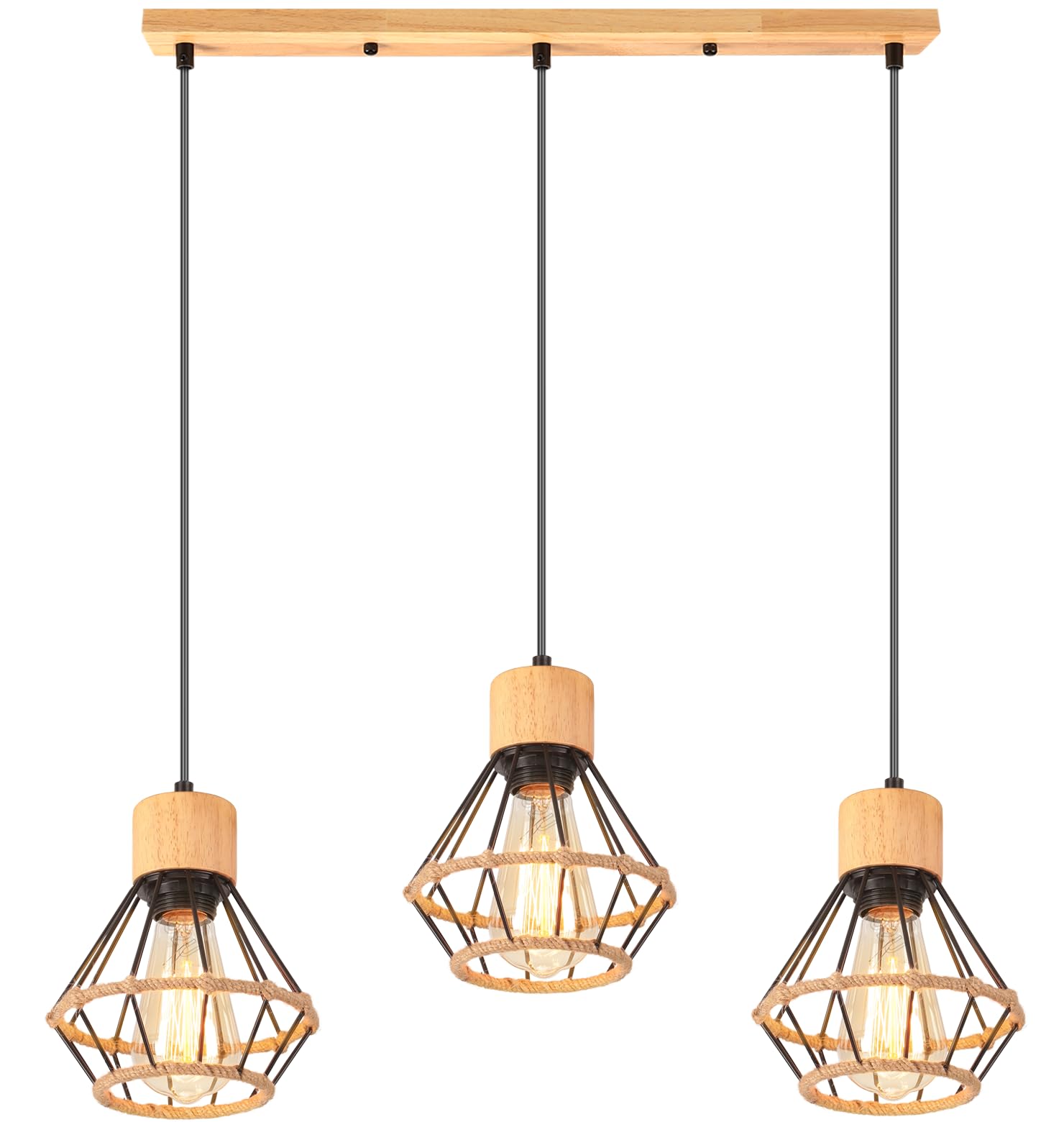 3 Luces Lampara Colgante E27 Vintage Industrial Lámpara de Techo Colgante Negro Metal con Cuerda de Cáñamo Retro Iluminación Para Cocina Comedor Sala de estar (Modelo B,barra,madera)