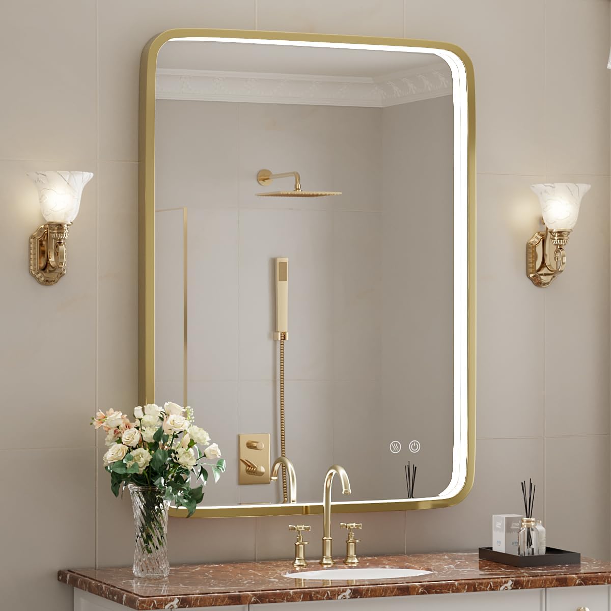 24x32 Inch LED Bathroom Mirror with Lights,Gold Metal Frame Wall Mounted Lighted Vanity Mirrors for Wall,Anti-Fog 3000K/4500K/6000K Dimmable Led Mirror,ETL Listed LED Driver(Horizontal/Vertical)