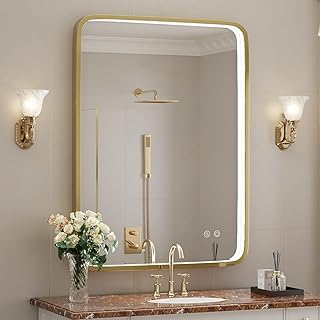 24x32 Inch LED Bathroom Mirror with Lights,Gold Metal Frame Wall Mounted...