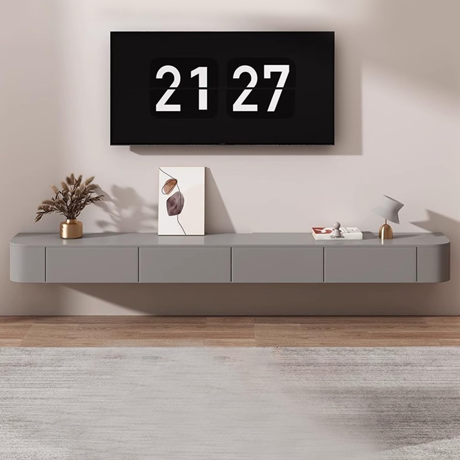 Nowoczesna szara szafka pod telewizor naścienna elegancka pływająca jednostka rozrywkowa z drzwiami stylowa podstawka pod telewizor do salonu wielofunkcyjna konsola (220 cm)