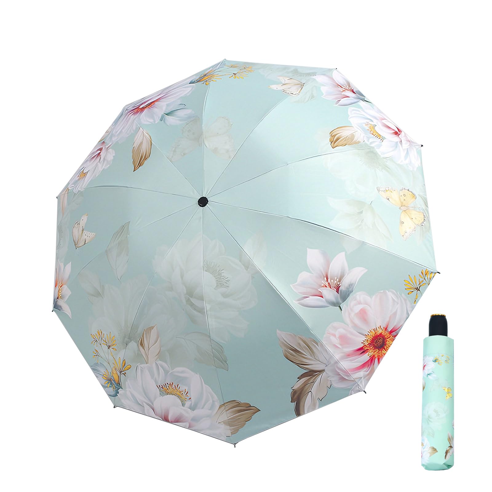 Maibar Women's Green Sun Umbrella Hand Parasol 10Ribs Peony Flower Upf 50 Spf 50 Uv Protection Foldable Compact Folding Umbrellas For (Green)
