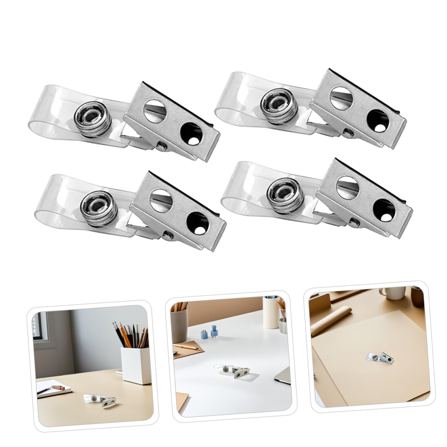 HOMSFOU 250 Pièces Clips Badge Métal avec Sangles PVC Transparentes à Double Trou Pinces Robustes pour Petit Badge Identification et Porte-nom Travail Lot
