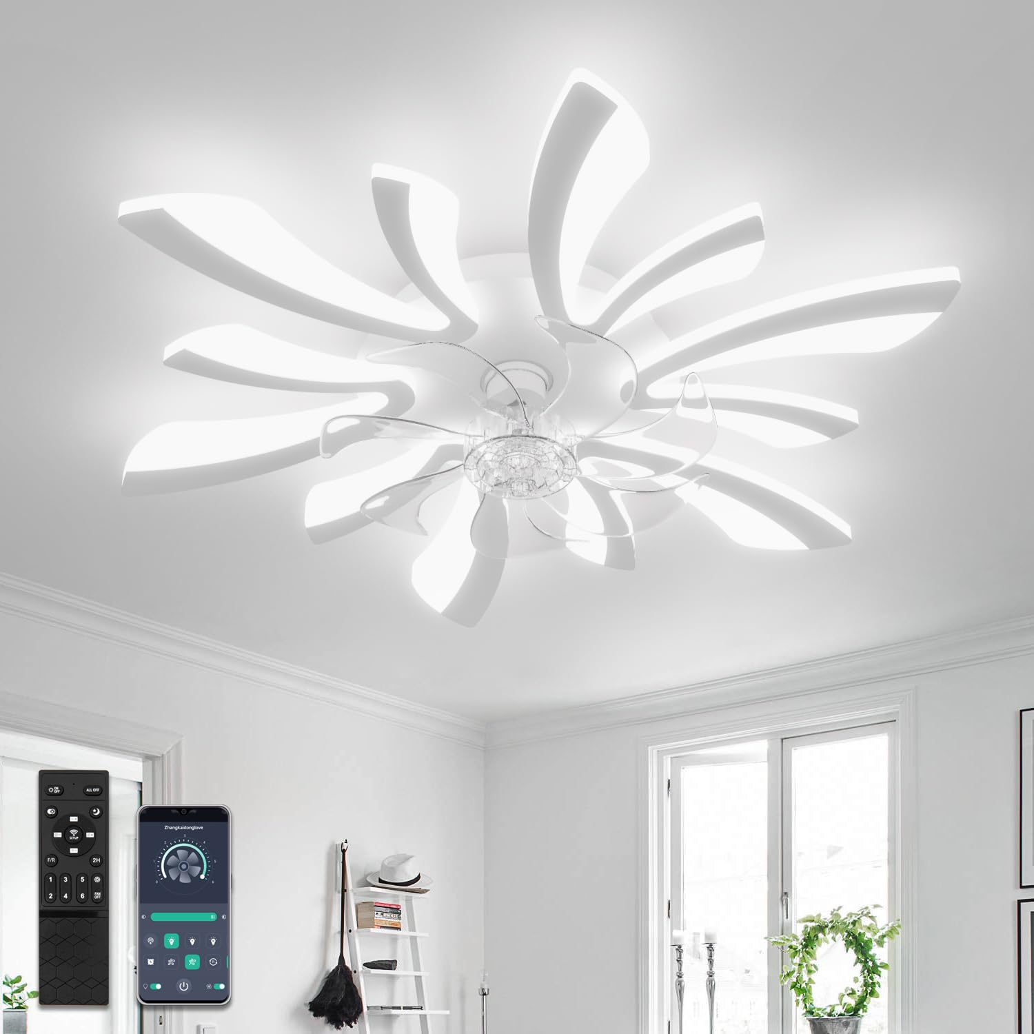 78cm Ventilador de Techo con Luz Ultra Silencioso Lampara Ventilador Techo con Mando Regulable 6 Velocidades DC Verano/invierno Plafon Iluminacion Ventilador Moderna para Dormitorio Salón,Blanco