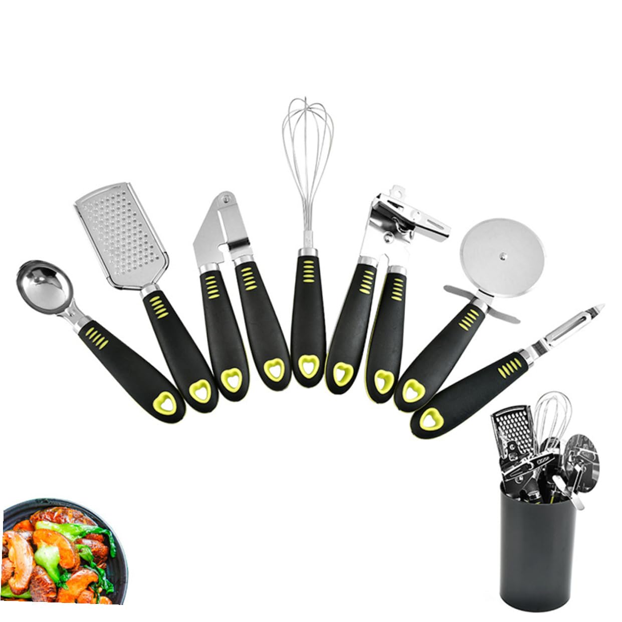 ULTECHNOVO 7 Stück Teiliges Edelstahl Küchenhelfer Set mit Pizza Rad Reibe Dosenöffner und Knoblauchpresse Ergonomisch Leicht zu Reinigen Inklusive Ei schneebesen Spülmaschinengeeignet