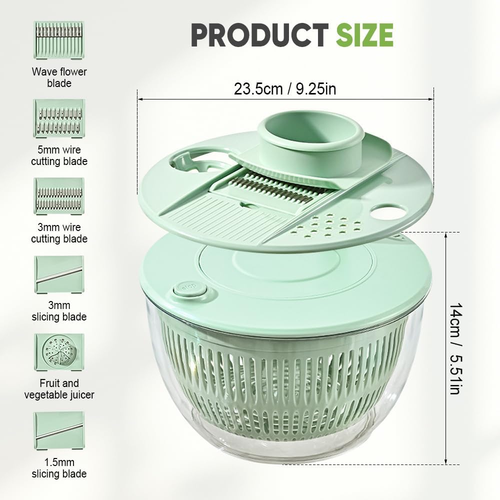 All-in-One Salad Spinner & Vegetable Chopper, Large 5.3Qt Lettuce Spinner Dryer with 5 Blades Slicer Shredder, Multifunctional Vegetable Cutter Fruit Washer Bowl for Kitchen Prep (Green)