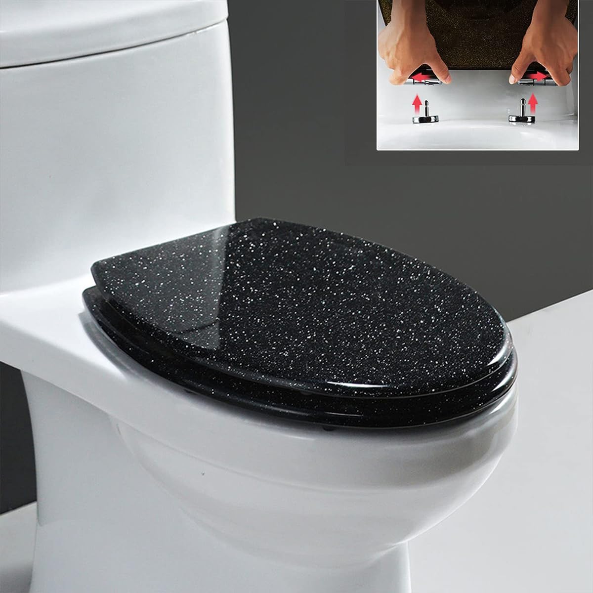 Ldhsjh Black Elongated Toilet Seat, Sparkly Lid With Adjustable Hinges, Quick Release Lightweight, Durable, Portable, User-Friendly, Compact, Glitter, Resin, Slow, Close