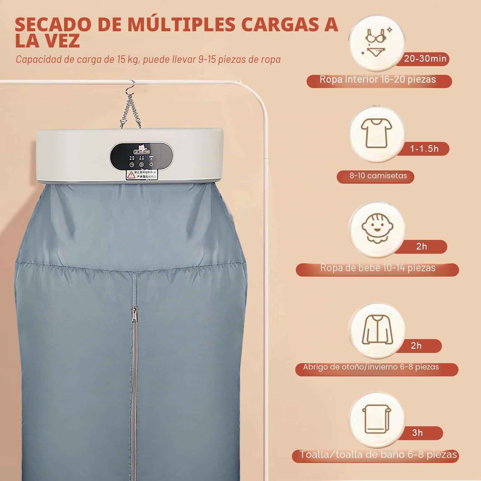 Secador de ropa, secadora portátil para apartamentos, viajes, dormitorios, caravanas, control de tiempo, calefacción PTC. Bolsa seca y perchas. Adecuado para ropa, ropa interior, ropa de bebé