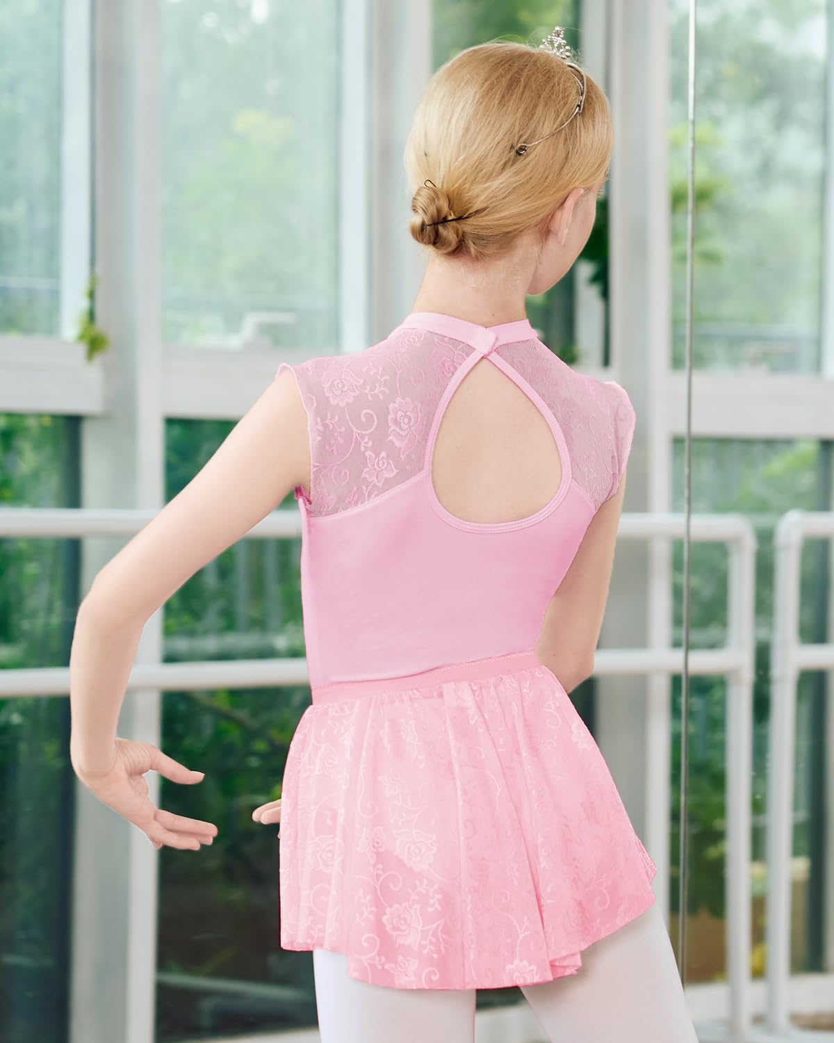JiAmy Girls Ballet Leotards Cutout Back Dance Outfit Toddler Lace Dress Combo with Removable Skirt 5-12 Years - Image 3
