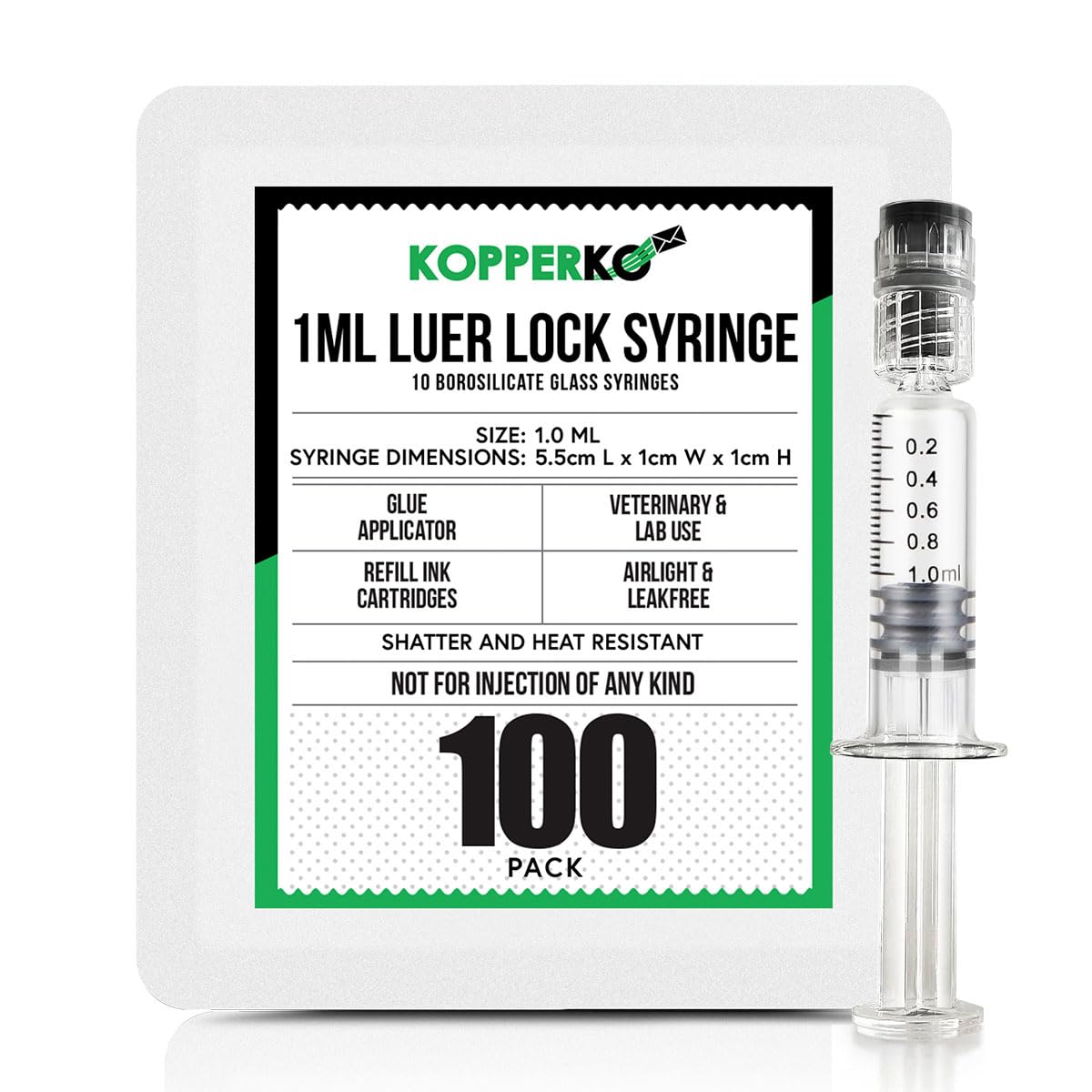 Kopperko Luer Lock Syringe 1ml (100-Pack) - Shatter & Heat Resistant, Borosilicate Glass 1 ml Syringe | Use With Liquids, Glue, Oils or Ink | Premium Quality Use in Labs & for Crafts
