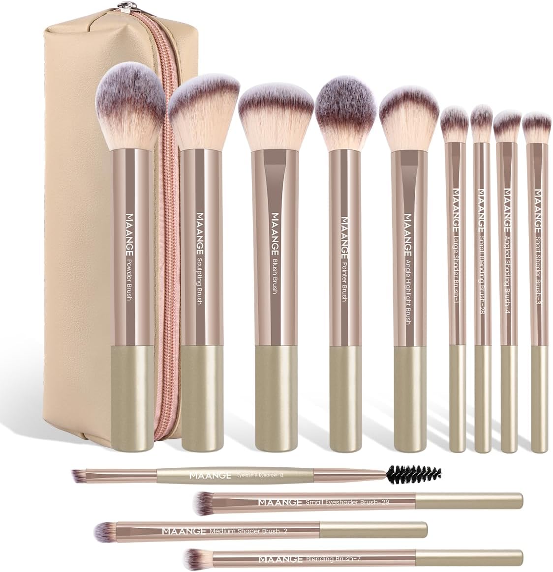 MAANGE 13 PCS Makeup Brushes Professional Make Up Brushes Premium Synthetic Powder Concealers Brushes Travel Makeup Brush Set with Case (Champagne)