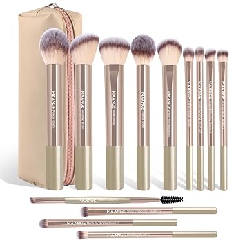 MAANGE 13 PCS Makeup Brushes Professional Make Up Brushes Premium Synthetic Powder Concealers Brushes Travel Makeup Brush Set with Case Champagne