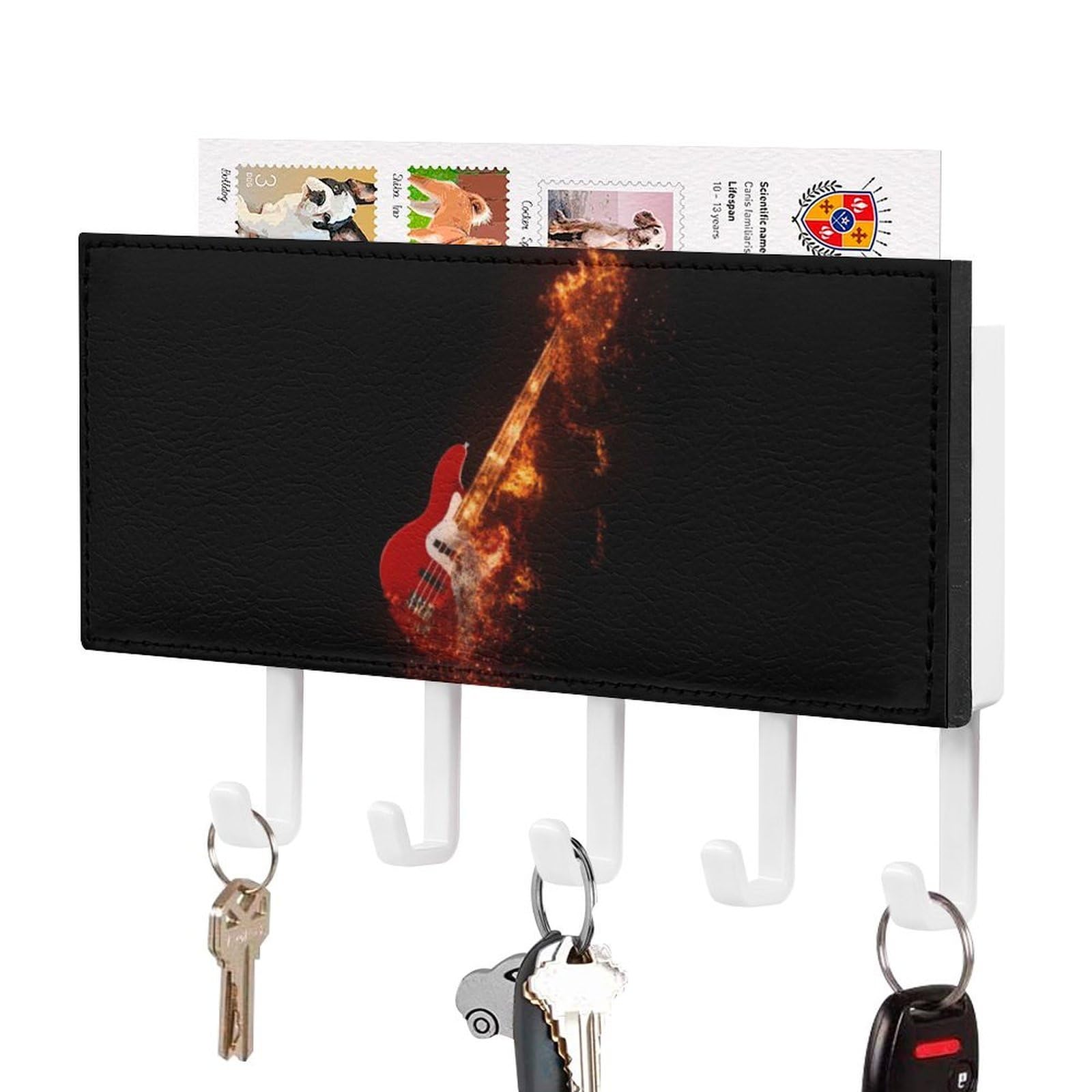 NCLQVJXZKHW Epic Rock Bass Guitar on Fire Key Holder with 5 Hooks Key Hooks Wall Mounted Key Racks Key Hanger Organiser Shelf