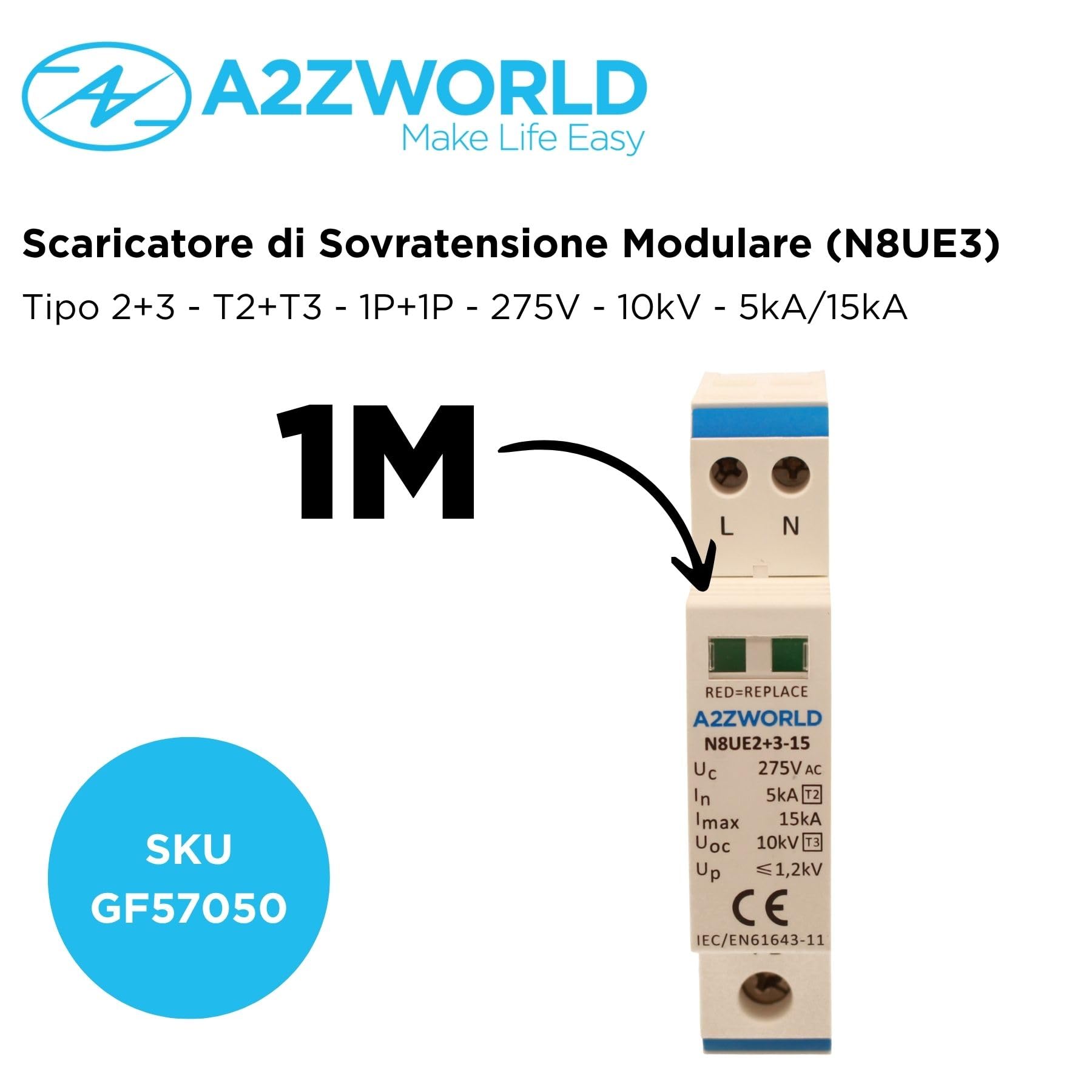 Descargador de sobretensión modular, SPD Tipo 2+3 T2+T3, 1P+1P Solo 1 Módulo DIN, 5kA-15kA 10kV AC275V, IP20 IEC61643-11