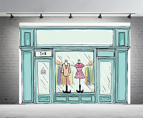 Miniatura 2 de Telón de fondo de tienda de ropa de dibujos animados de 8 x 6 pies, tema verde, centro comercial, mercancía, ventana, zapatos, joyería, fotografía,