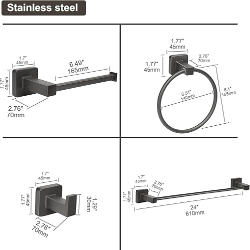 Miniatura 6 de Juego de accesorios de baño de 4 piezas, juego de toallero, incluye barra de toalla de 24 pulgadas, anillo para toallas, ganchos para toallas de