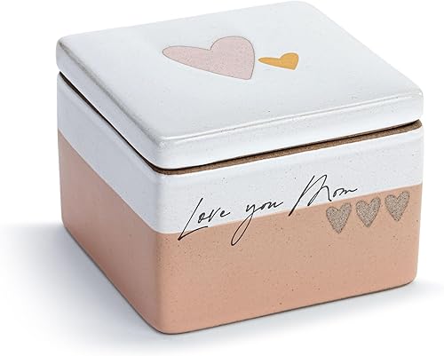 DEMDACO Inspired Artisan Love You Mom - Caja de tesoro de cerámica de 4 x 3 pulgadas, diseño clásico rosa y blanco