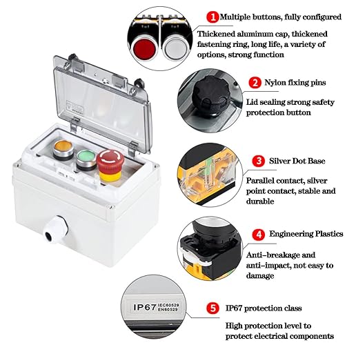 Miniatura 2 de Caja de botón Ip67 Interruptor de botón con botón de parada de emergencia, botón momentáneo verde amarillo con cubierta protectora Interruptor
