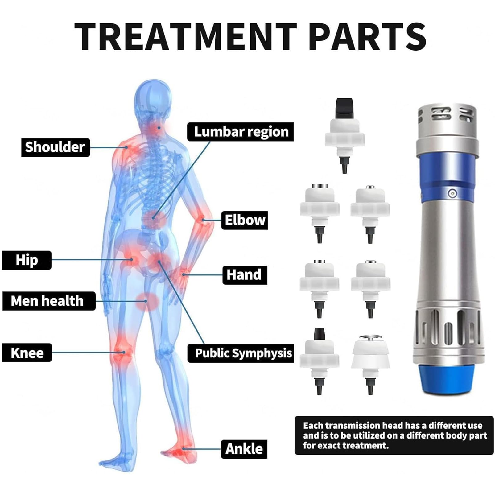 Dispositivo per terapia ad onde d'urto multifunzione per la rigenerazione dei tessuti muscolari e ossei, massaggiatore per muscoli del corpo con 7 teste per alleviare dolori articolari e muscolari