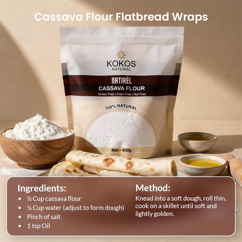 Image of Kokos Natural Cassava Flour - 400 Gm (Pack of 3) | 100% Natural Whole Food, Paleo Friendly, Vegan, Gluten Free, Grain Free, Nut Free - . Indian Regional Names: Sabudana Aata, Tapioca Flour, Maravalli Kilangu |