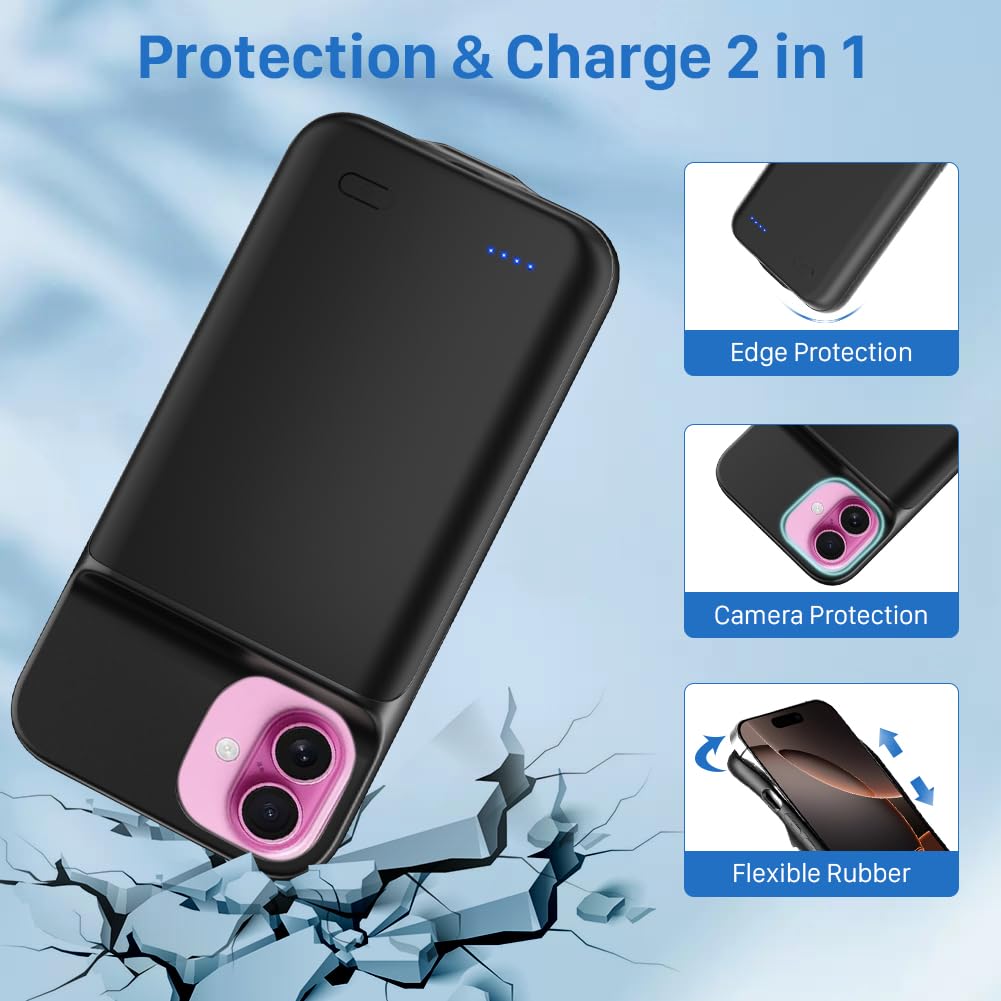 LCLEBM Custodia per iPhone 16 Plus, 7000 mAh, aggiornamento ad alta capacità, batteria ricaricabile estesa, cover protettiva portatile intelligente di backup per iPhone 16 Plus (1 confezione)