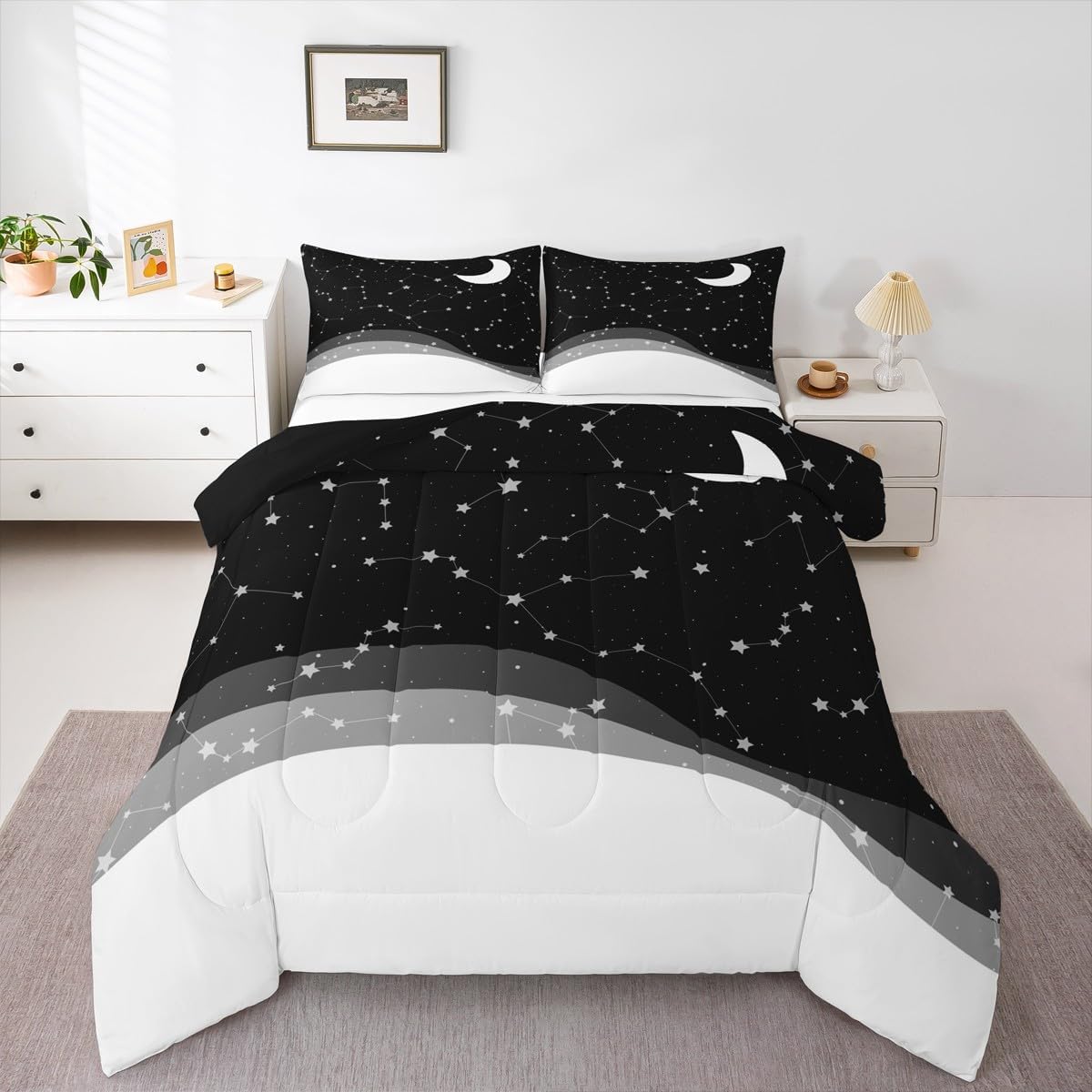Erosebridal Black White Comforter Set King Psychedelic Galaxy Bedding Set, Constellations Astrology Down Comforter Hippie Moon Duvet Insert, Horoscopes Zodiac Bedding Comforter Sets, Reversible 3pcs