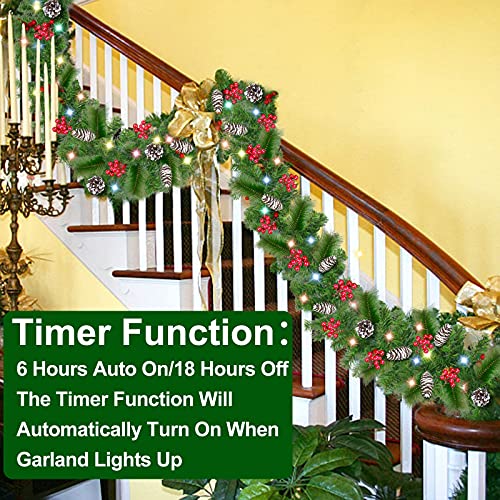 [ Timer & 8 Modes ] 9 Foot by 10 Inch Christmas Garland Decorations 100 LED Lights Battery Operated Lighted Garland 300 Branches 198 Red Berries 18 Pine Cones Xmas Garland Indoor Outdoor(Colorful) - Thumbnail 5