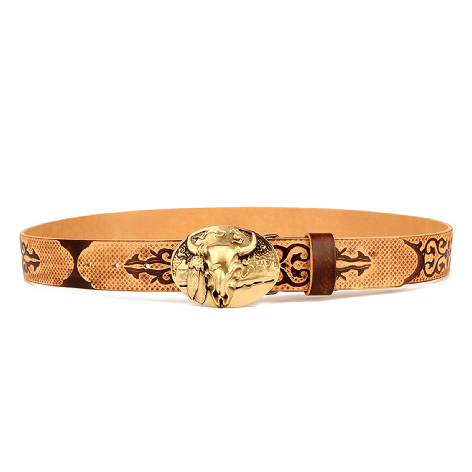 Cintura Western Unisex in Vera Pelle, Cinture in Rilievo 38mm, Cinture Country per Cowgirl Cowboy con Fibbia Vintage Testa di Toro Oro per Pantaloni Jeans