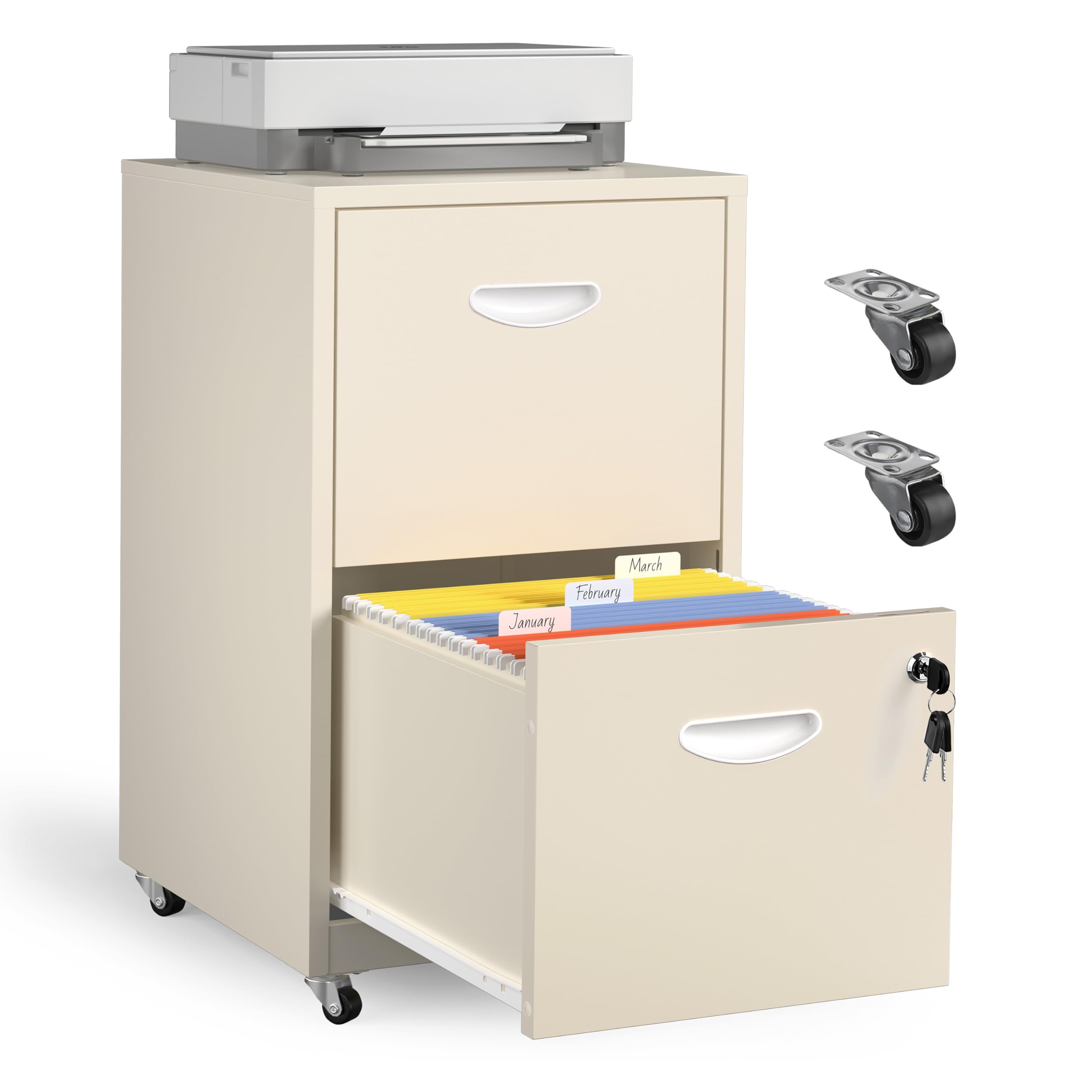 2 Drawer Mobile File Cabinet with Lock, Cream Metal Filing Cabinets with Wheels, Vertical Rolling File Cabinet Fit Hanging Files, Letter and A4 Documents