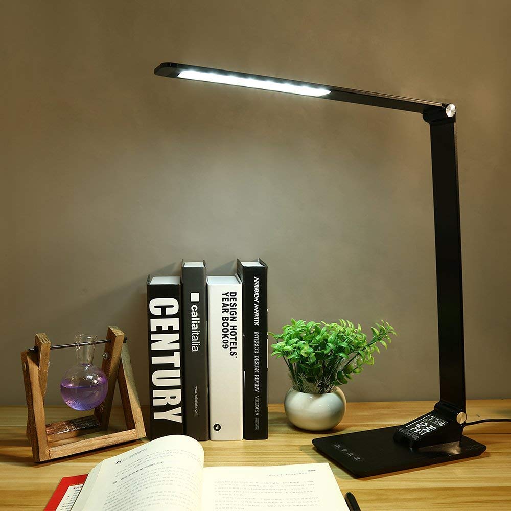 Lampada da scrivania in Metallo, Lampada da Studio, Lampada da Ufficio a LED con Porta di Ricarica USB, Data, Ora, Sveglia e Temperatura, Lampada da Ufficio, Luce di Lettura Che Protegge Gli occh