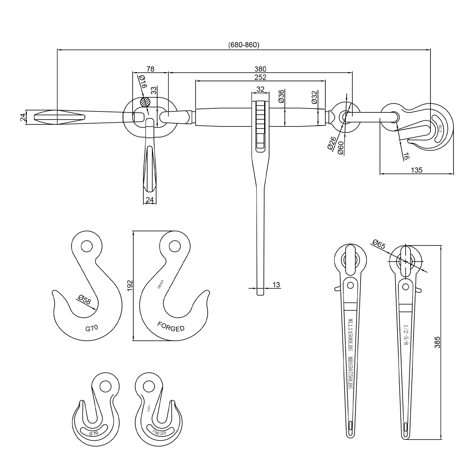 ENJ 2 Pack Ratschenlastbinder mit 2 Greifhaken, für 3/8-1/2 Transportkette der Klasse 70, Lastbinder mit 2,4 kg Arbeitslastgrenze