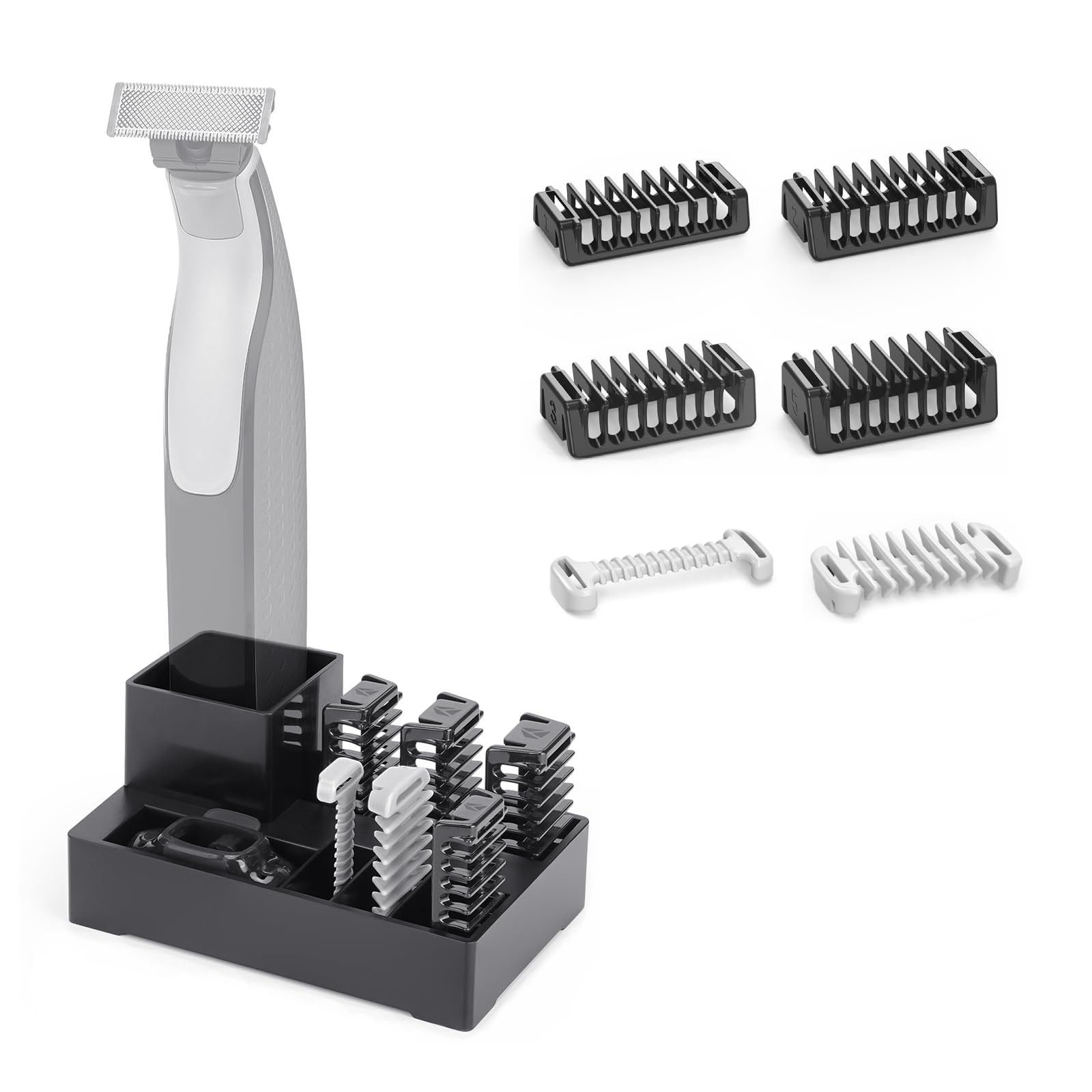 Peines de Protección 1/2/3/5 mm con Soporte, Peine Guía Compatible con OBlade Pro QP2734 QP2824 QP25xx QP26xx QP65xx QP66xx, Soportes para Recortadora (6 Piezas + Soporte)