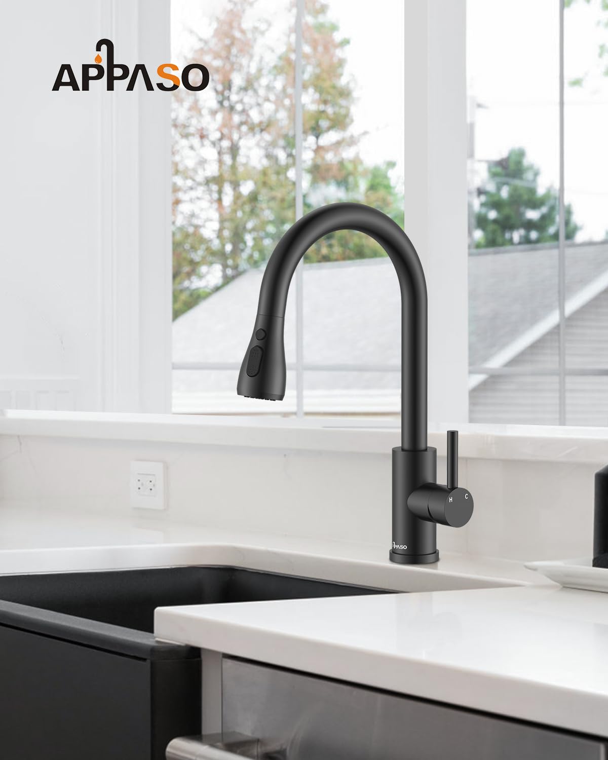 APPASO Robinet de cuisine noir avec douchette extractible, robinet d'évier pivotant à 360° avec 3 modes de pulvérisation I en acier inoxydable noir