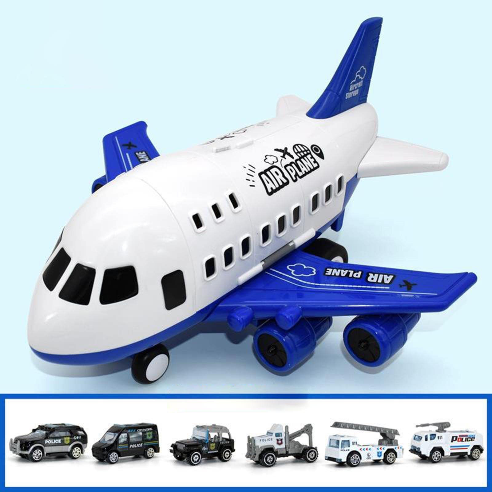 Set di Giocattoli per Bambini con Aereo E Contenitore Portaoggetti E Pista Inerziale, Blu 6 Auto Della Polizia