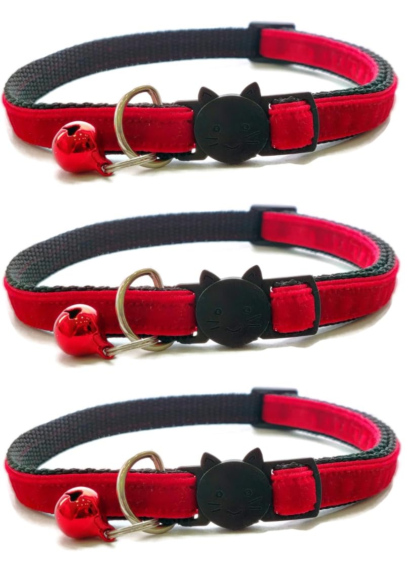 Velvet Cat Collars with Bell. Safe Breakaway Quick Release Buckle. Available in Cat & Kitten Size (Pack of 3) (Kitten Collar (15cm