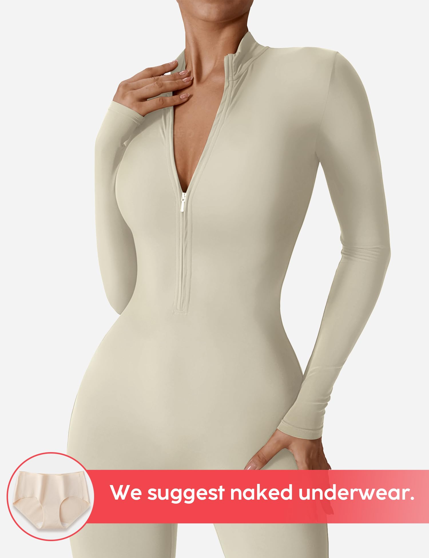 YEOREO Mono de entrenamiento de manga larga para mujer, con cremallera, parte inferior de pantalones, bodycon, sexy, de una pieza, Crema, Small