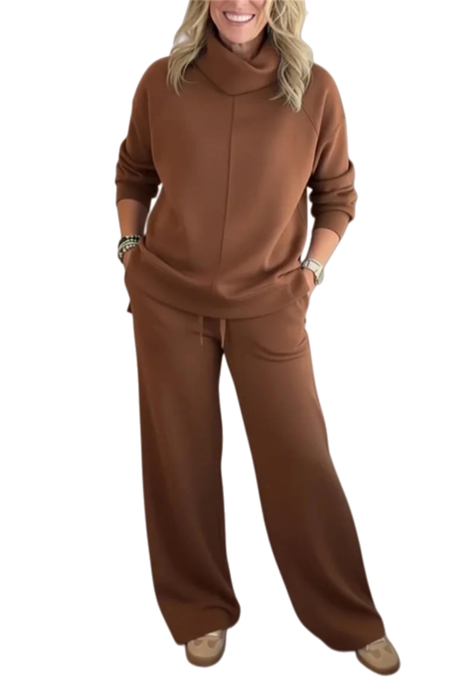 Generisch Przytulna damska bluza i spodnie, dwuczęściowy zestaw, bluza ze stójką i szerokimi nogawkami, zestaw garnituru do joggingu, zestaw wypoczynkowy (4XL, ciemny brąz)