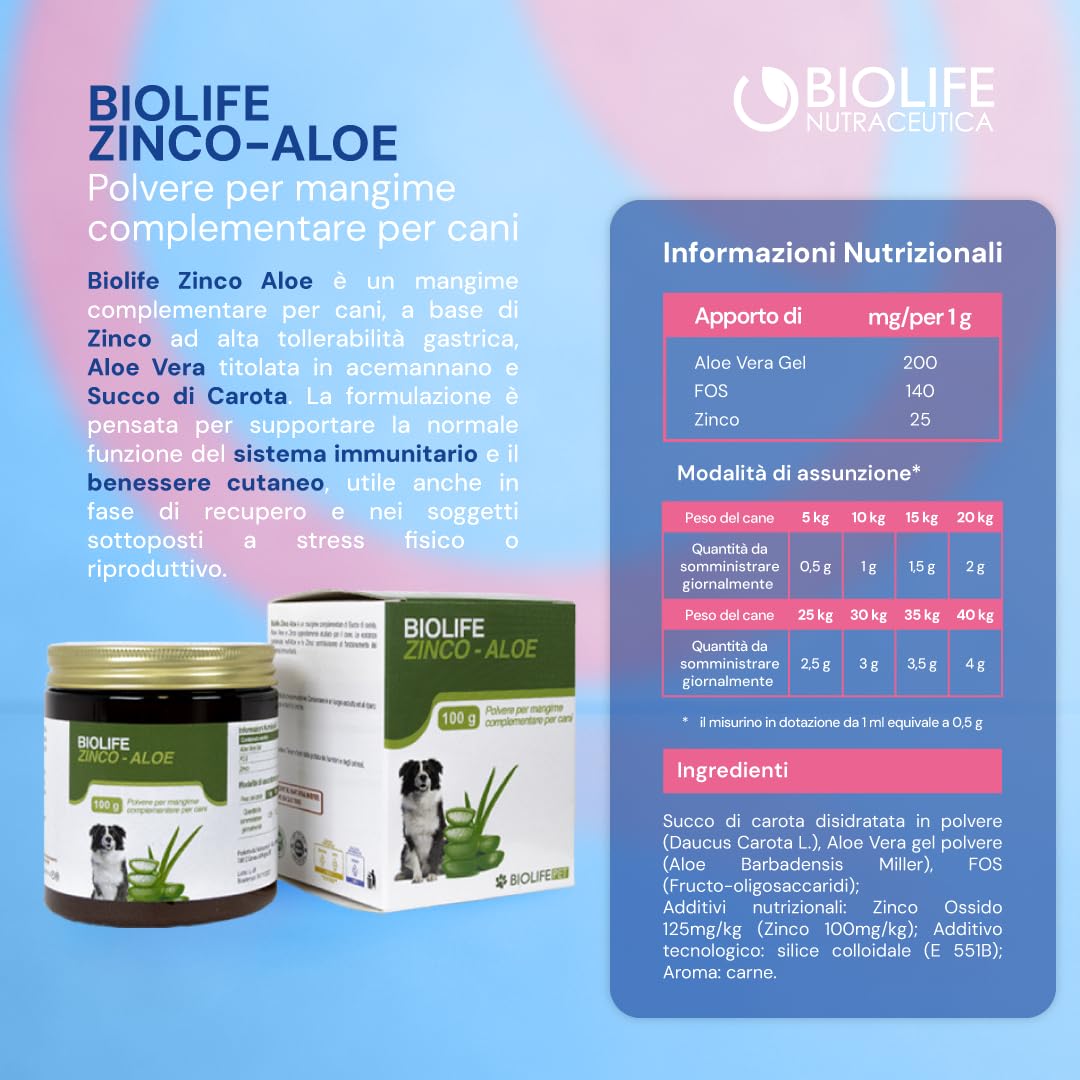 BIOLIFE Integratore per cani in polvere di succo di carota, Aloe vera e Zinco 100g | Mangime Complementare, integratore cani sistema immunitario, benessere naturale.