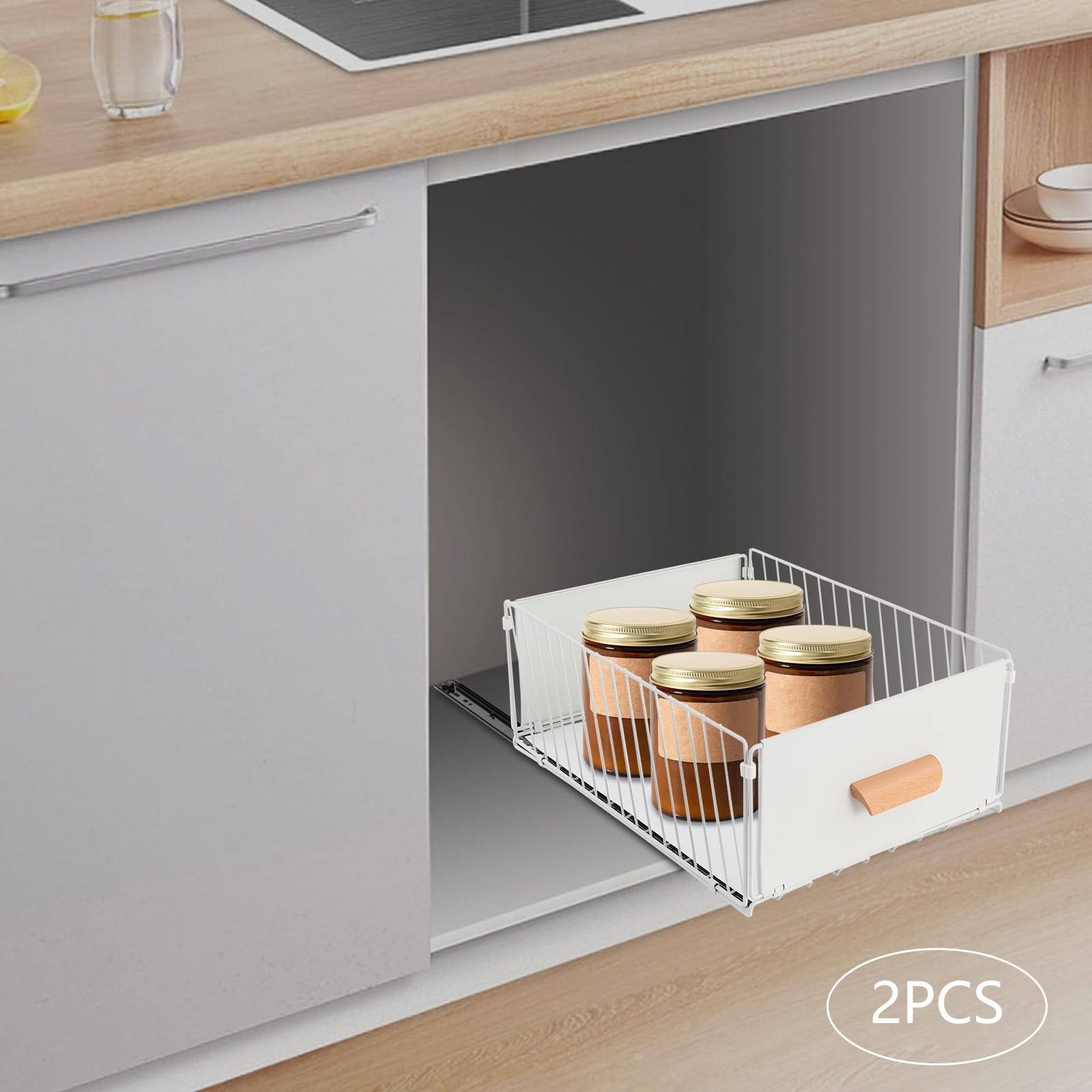 Lot de 2 tiroirs de cuisine télescopiques - Organisateurs de tiroirs extensibles en métal et bois - 40-60 × 30 × 17 cm (15,75-23,62"), tiroir avec amortissement, max. 25 kg, blanc, moderne