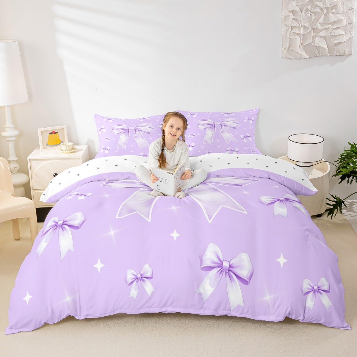 Homewish Purple Bow Duvet Cover Dreamy Butterfly Knot King Bed Set Girly Princess Ribbon Bedding Set for Kids Women Fantasy White Stars Quilt Cover 3Pcs Bedroom Decor